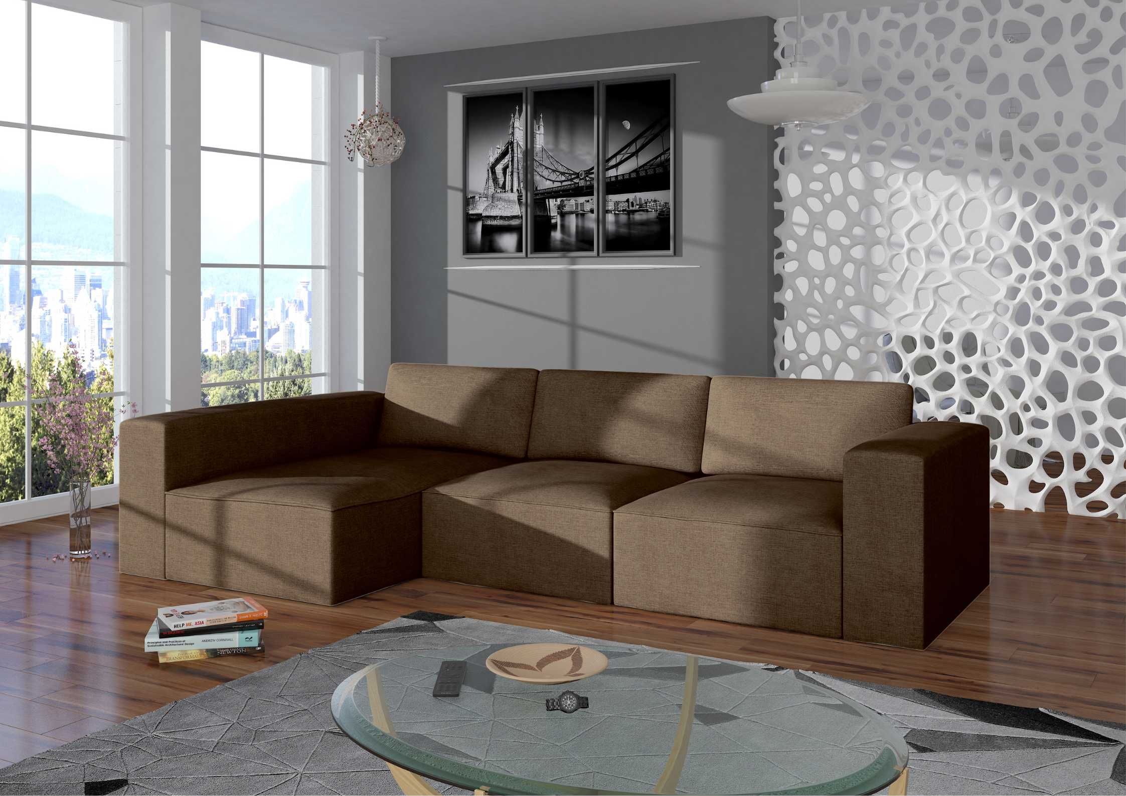 Modułowy narożnik z przeszyciami w kolorze brązowym